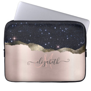 Housse Pour Ordinateur Portable Rose Gold Monogramme Pailleté Noir Moderne