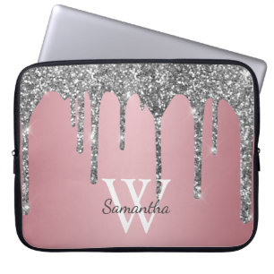 Housse Pour Ordinateur Portable Rose Gold Pink Monogram Nom Paillettes Argentées