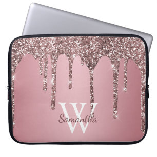 Housse Pour Ordinateur Portable Rose Gold Rose Pailleté Glissades Étincelle Monogr