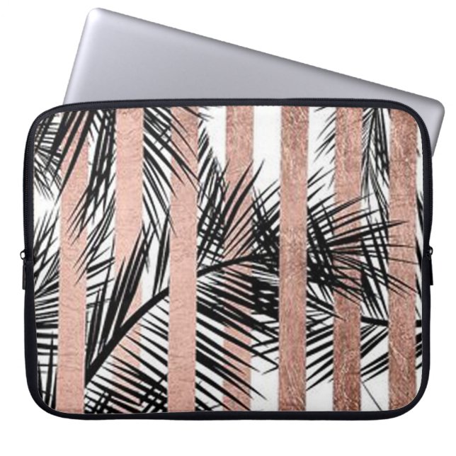 Housse Pour Ordinateur Portable Rose Gold Stripes and Tropical Leafs (Devant)