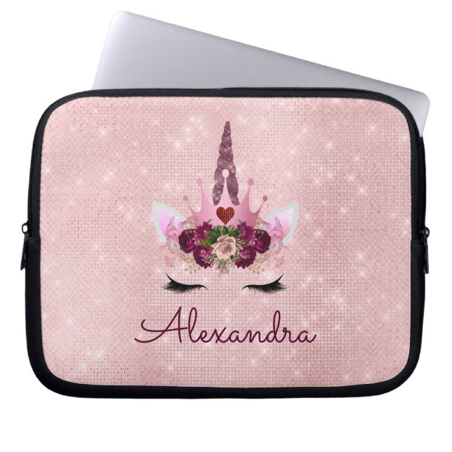 Housse Pour Ordinateur Portable Rose Gold Unicorn Éparkle Princesse Monogramme Nom (Devant)