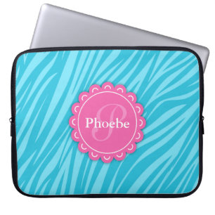 Housse Pour Ordinateur Portable Rose Moderne Fleur Monogramme Aqua Blue Zebra Impr