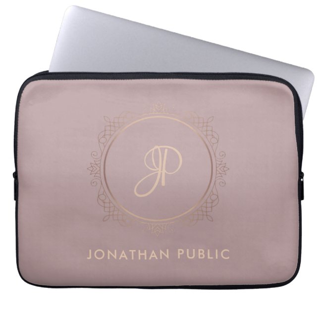 Housse Pour Ordinateur Portable Rose monogramme or Elegant Modèle (Devant)