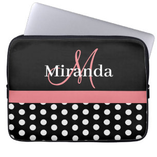 Housse Pour Ordinateur Portable Rose noir blanc Polka point Monogramme