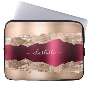 Housse Pour Ordinateur Portable Rose or bordeaux agate marbre nom script