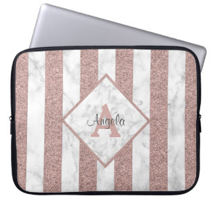 Housse Pour Ordinateur Portable Rose Parties scintillant or rayures Marbre Monogra