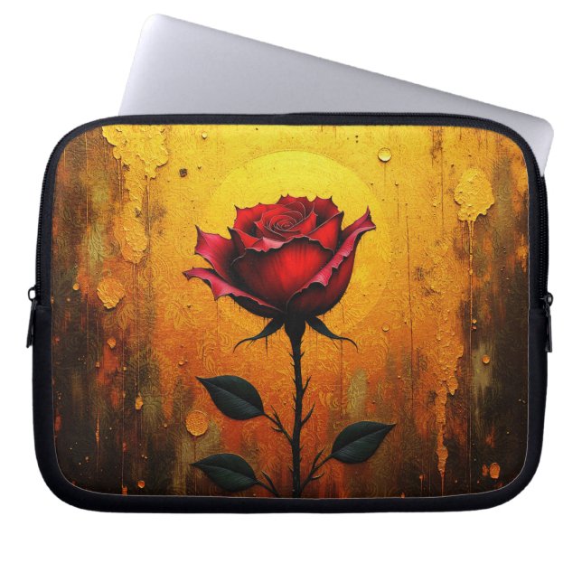 Housse Pour Ordinateur Portable Rose rouge sur fond doré (Devant)