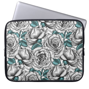 Housse Pour Ordinateur Portable Roses blanches avec feuilles bleus