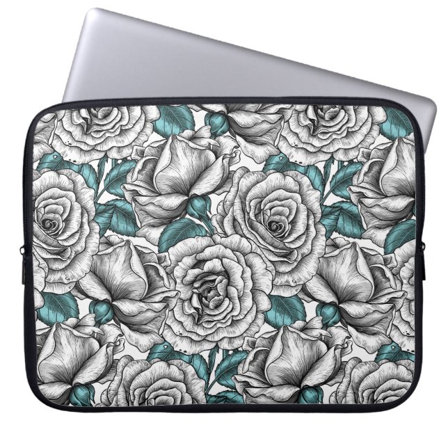 Housse Pour Ordinateur Portable Roses blanches avec feuilles bleus (Devant)