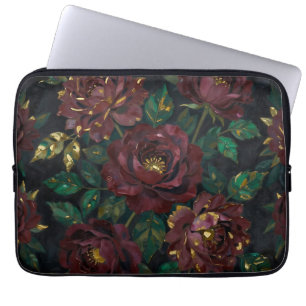 Housse Pour Ordinateur Portable Roses Bourguignonnes de Luxe Feuilles d'Or Floral