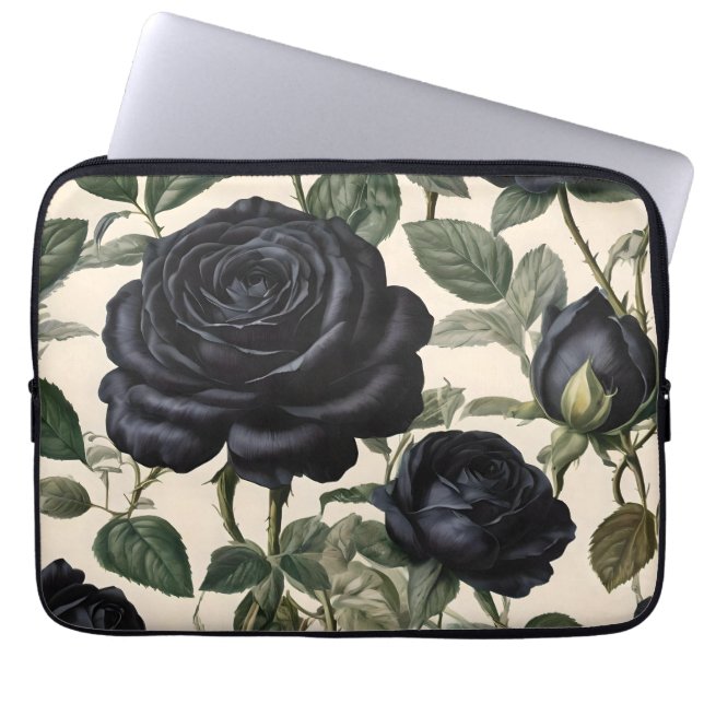 Housse Pour Ordinateur Portable Roses Noirs Et Feuilles Verts, (Devant)