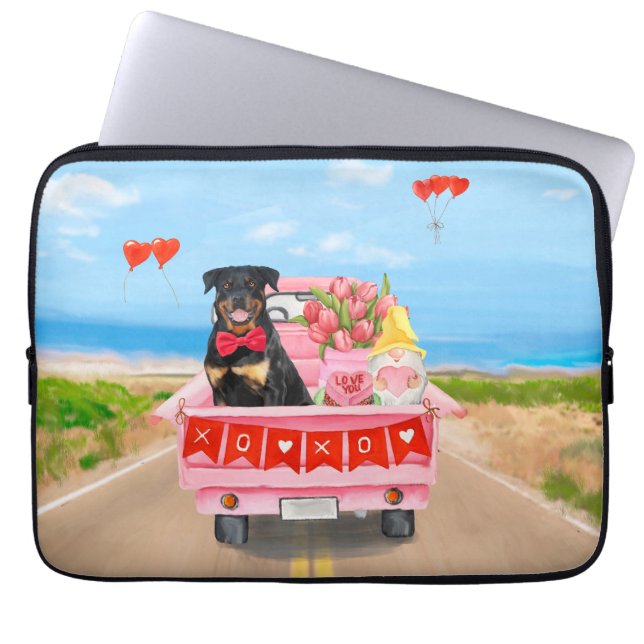Housse Pour Ordinateur Portable Rottweiler Chien Saint Valentin Coeurs de Camion (Devant)