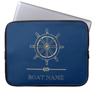 Housse Pour Ordinateur Portable Roue de bateau en or nautique, Bleu marine