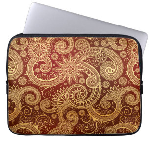 Housse Pour Ordinateur Portable Rouge abstrait et motif floral d'or