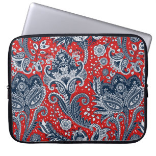 Housse Pour Ordinateur Portable Rouge Blanc & Bleu Floral Paisley Bohème Boho