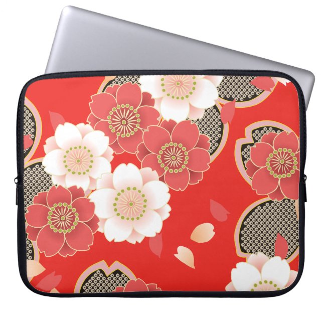 Housse Pour Ordinateur Portable Rouge et blanc Sakura Japonais Kimono (Devant)