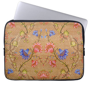 Housse Pour Ordinateur Portable Rouge Impérial et Or Fleurs Entrelacées Soie Artis