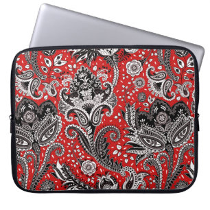 Housse Pour Ordinateur Portable Rouge noir et blanc Floral Paisley Bohemian Boho