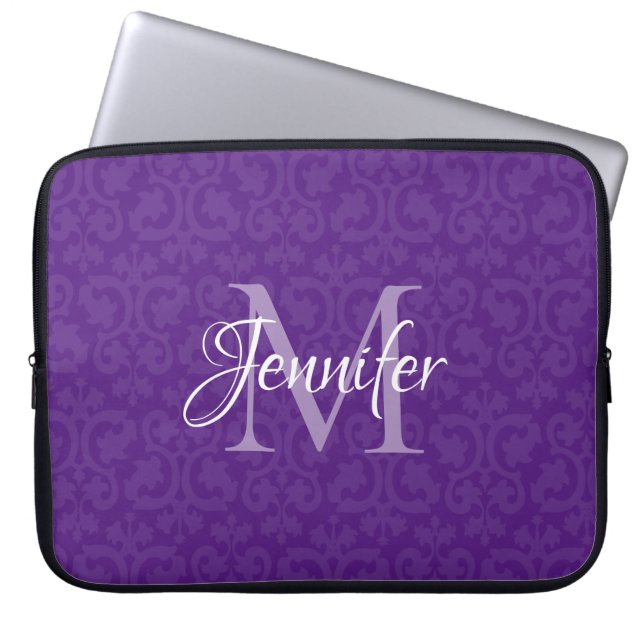 Housse Pour Ordinateur Portable Royal violet et blanc monogramme Damask (Devant)