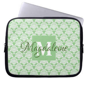 Housse Pour Ordinateur Portable Sage Green Monogramme et nom Modèle de Damas Vinta