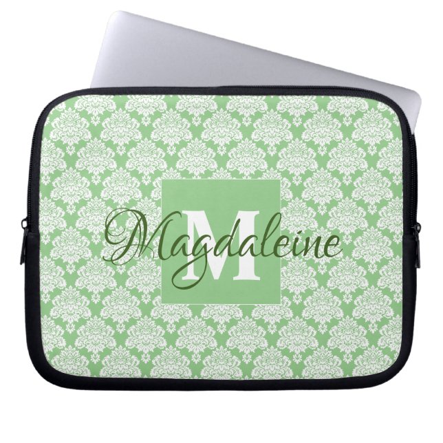 Housse Pour Ordinateur Portable Sage Green Monogramme et nom Modèle de Damas Vinta (Devant)