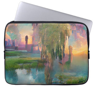 Housse Pour Ordinateur Portable Saule et glycine près de l'étang au coucher du sol