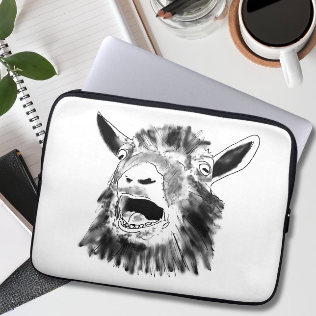 Housse Pour Ordinateur Portable Scandale de chèvre Dessin amusant (Funny screaming goat drawing black and white laptop sleeve)