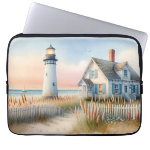 Housse Pour Ordinateur Portable Scène aquarelle d'un phare et d'un cottage au bord