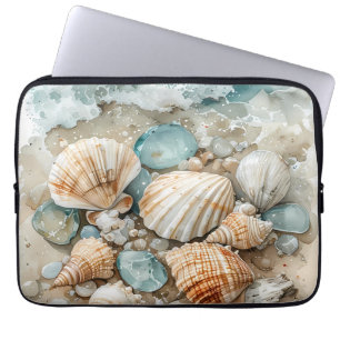 Housse Pour Ordinateur Portable Scène de coquillages de mer côtière à l'aquarelle