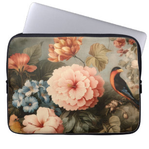 Housse Pour Ordinateur Portable Scène florale et aviaire vintage vibrante
