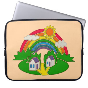 Housse Pour Ordinateur Portable Scène rurale avec arc-en-ciel et maison de campagn