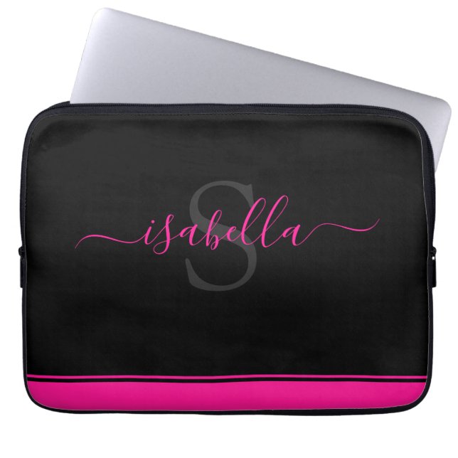 Housse Pour Ordinateur Portable Script noir rose chaud monogramme (Devant)