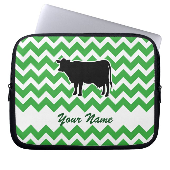 Housse Pour Ordinateur Portable Silhouette de vache avec Motif Chevron Vert (Devant)