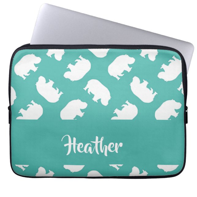 Housse Pour Ordinateur Portable Silhouette hippo gris sur turquoise (Devant)