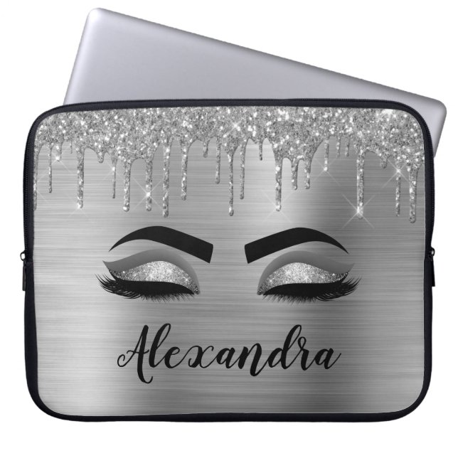 Housse Pour Ordinateur Portable Silver Glitter Sparkle Eyelashes Monogram (Devant)