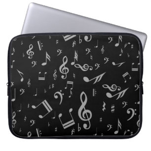 Housse Pour Ordinateur Portable Silver Grey Notes musicales sur Black