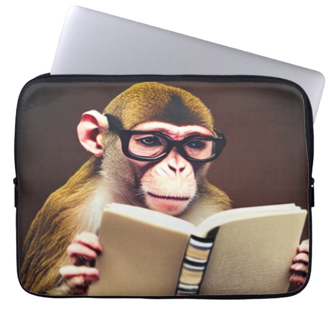 Housse Pour Ordinateur Portable Singe portant des lunettes lisant un livre, réalis (Devant)