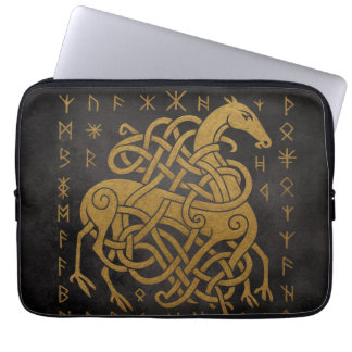 Housse Pour Ordinateur Portable Sleipnir, Cheval doré nordique avec symbole de run