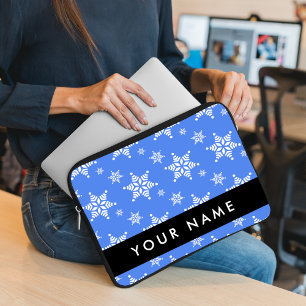 Housse Pour Ordinateur Portable Snowflakes blanc, Bleu, Votre nom, Personnaliser