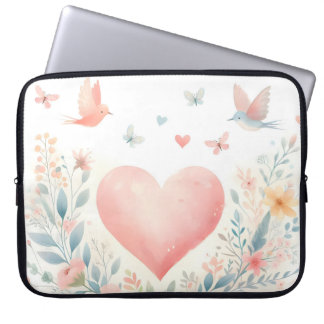 Housse Pour Ordinateur Portable Soft Watercolor Heart Love Flowers Birds