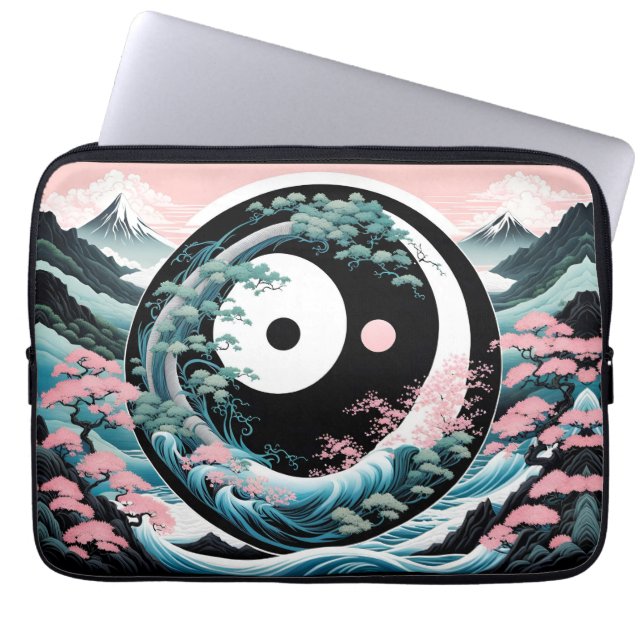 Housse Pour Ordinateur Portable Soleil Lune Vague Florale Montagne Rose Sage Turqu (Devant)