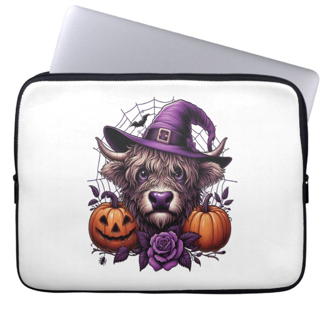 Housse Pour Ordinateur Portable Sorcière Vache Highland Halloween (Devant)
