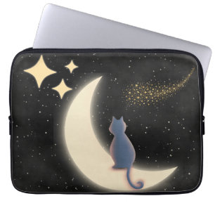 Housse Pour Ordinateur Portable Starry Night Cat et Crescent Moon