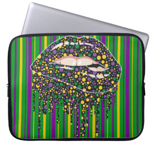 HOUSSE POUR ORDINATEUR PORTABLE STRIPES JAUNES VERTS POURPULAIRES LÈVRES LUSTRES A