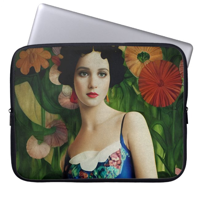 Housse Pour Ordinateur Portable Style Art Déco Elégant Femme avec Grandes Fleurs A (Devant)