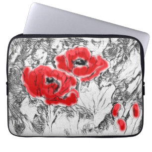 Housse Pour Ordinateur Portable Stylo dessiné à la main des pavots rouges fleurs f