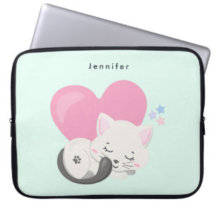 Housse Pour Ordinateur Portable Sweet Kitty Chat Dormir avec un grand coeur rose