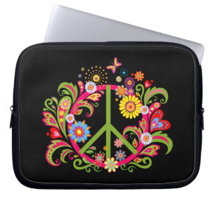 Housse Pour Ordinateur Portable SYMBOLE DE LA PAIX Florale EN NOIR