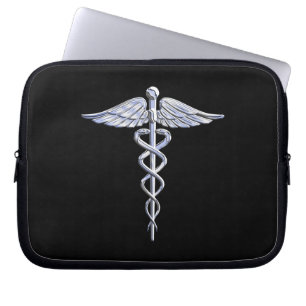 Housse Pour Ordinateur Portable Symbole Médicale Silver Caduceus en noir