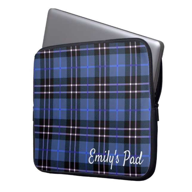 Housse Pour Ordinateur Portable Tartan Bleu Plaid Avec Nom (devant gauche)